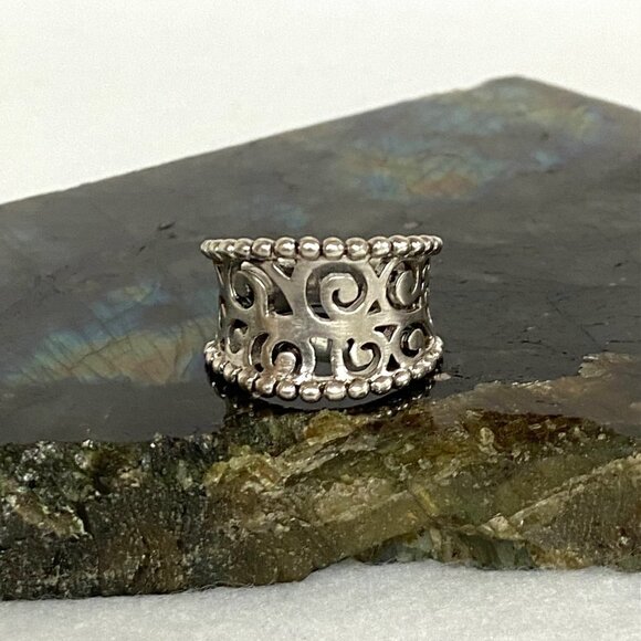 Sterling Silver 925 Curved Pierced Scrollwork 0.5" Wide Band Ring Size 6.5 - Picture 2 of 16